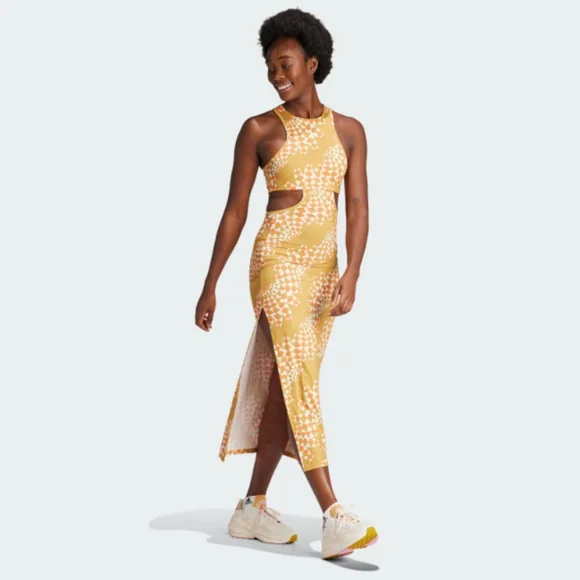 NWT FARM Rio Victory Gold Abstract Wave Print Midi Dress Adidas Collab - Picture 3 of 7